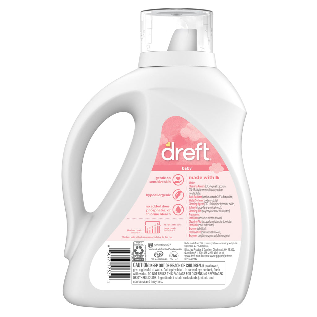 Dreft Liquid Laundry Detergent for Babies, tackles 100% of common baby stains, Unscented Laundry Detergent, 84 fl oz, 64 Loads