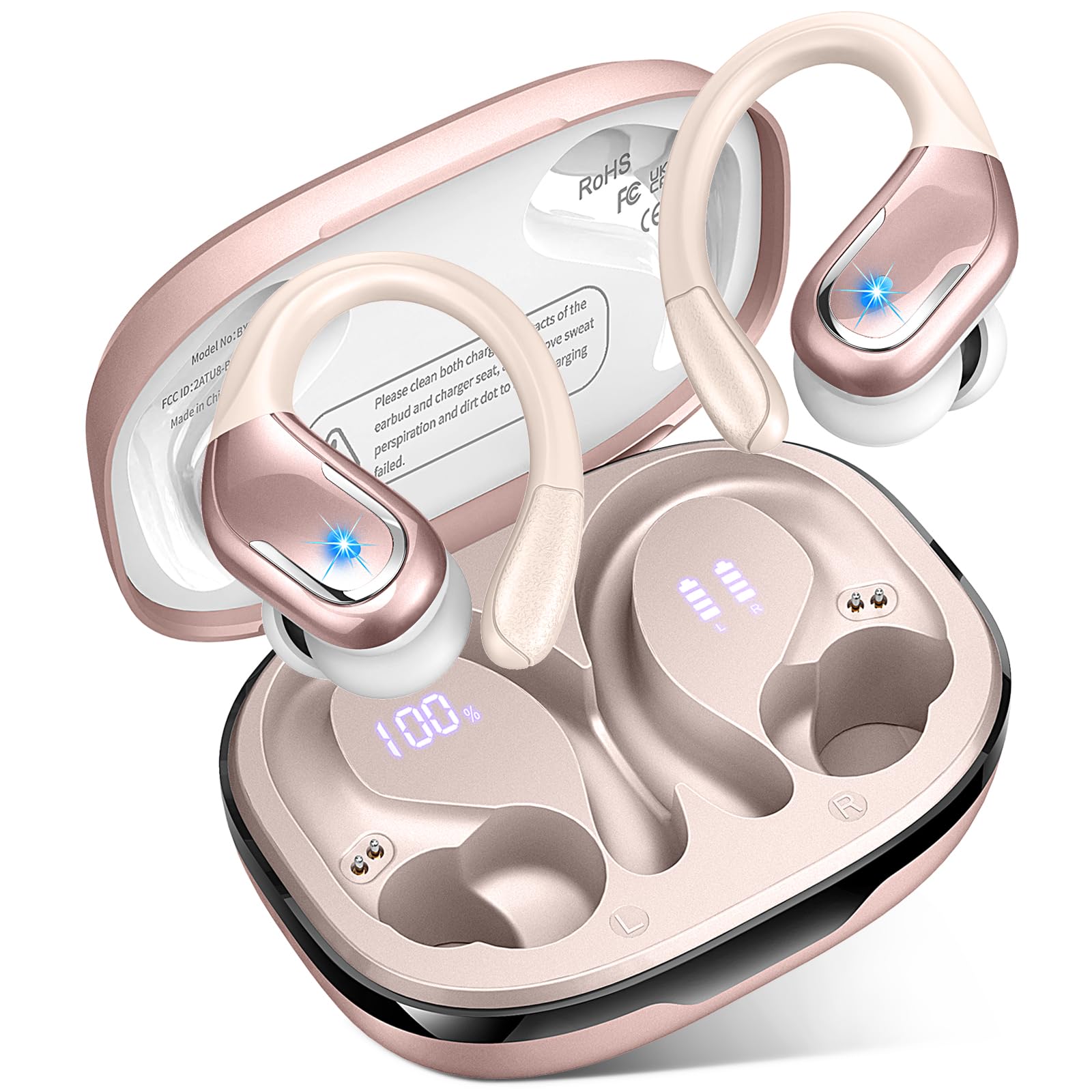 Buy now Ltinist Wireless Earbud, Bluetooth 5.3 Headphones Pure Bass Sound with Earhooks, 75H Battery Over Ear Headphones with Dual-LED Display, IP7 Waterproof Earphones Built-in Microphone for Running Sports Rose Gold at indiglob india