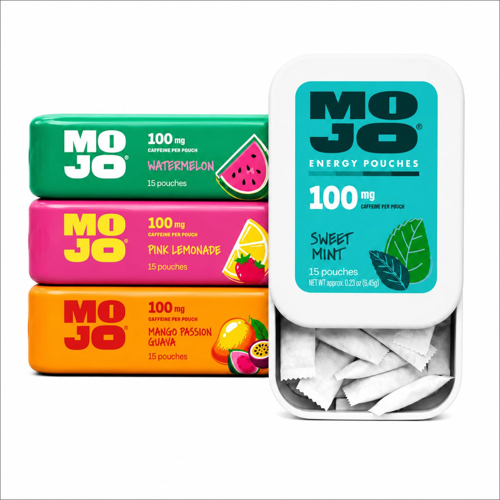 MOJO Caffeine Pouches with Naturally Derived Caffeine from Green Tea, Ginseng, Yerba Mate, L-Theanine & B-Vitamins | Nicotine-Free | Zero Sugar | 100mg Caffeine | Variety Pack