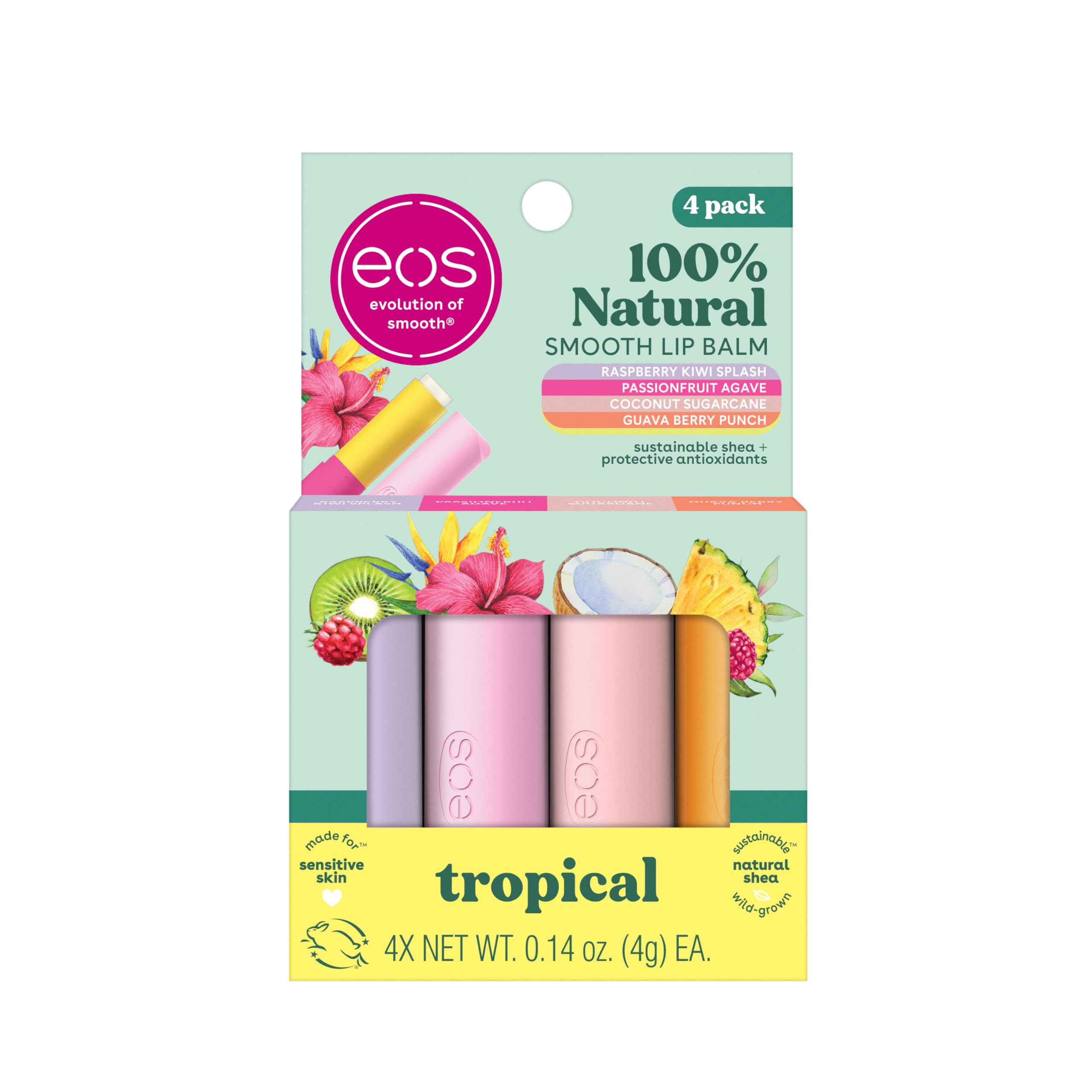 eos 100% Natural Lip Balms- Coconut Milk, Pineapple Passionfruit, Watermelon Frosé & Raspberry Kiwi Splash, All-Day Moisture Lip Care, 0.14 oz, 4-Pack