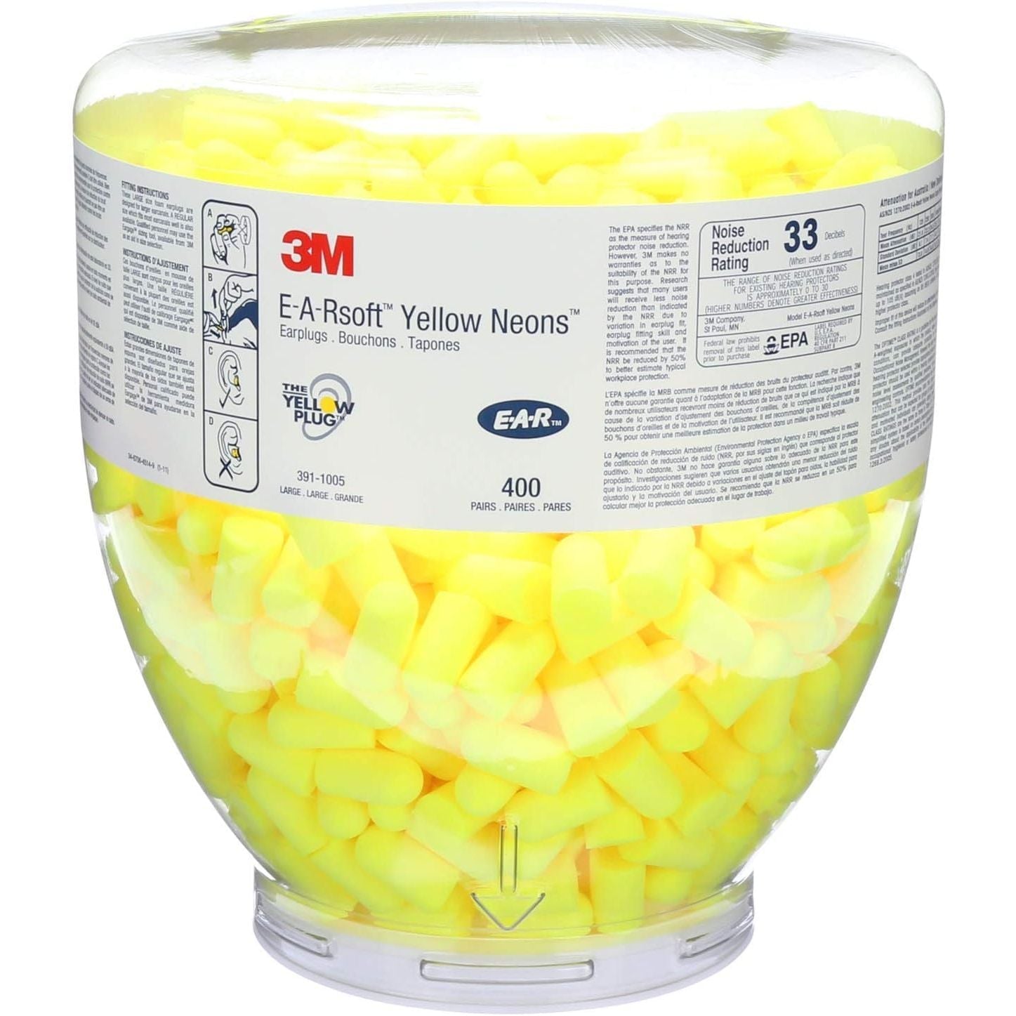 Buy now 3M Ear Plugs, E-A-Rsoft Yellow Neons 391-1005, Bottle of 400 Pair of Disposable Earplugs, Slightly Longer, Uncorded, 33 NRR, Tapered Cylinder Shape, Slow Recovery Foam Large, 400 Pair Uncorded, Bottle at indiglob india