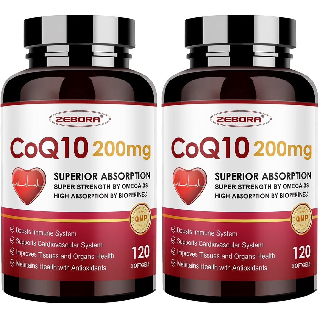 ZEBORA CoQ10 200mg Softgels, 120 Servings | With PQQ, BioPerine & Omega-3, Ubiquinone, High-Absorption, Powerful-Antioxidant, Support Heart & Energy-Production