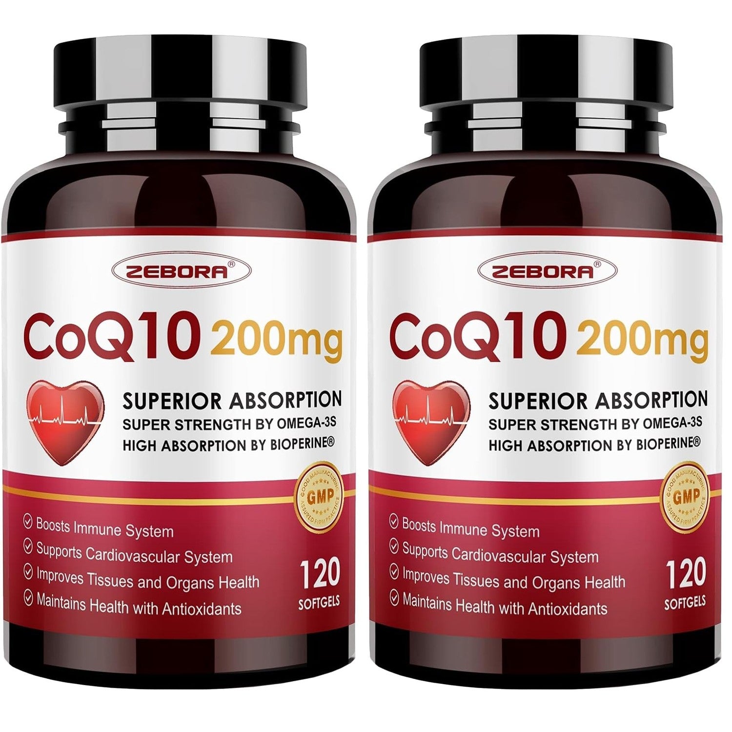 ZEBORA CoQ10 200mg Softgels, 120 Servings | With PQQ, BioPerine & Omega-3, Ubiquinone, High-Absorption, Powerful-Antioxidant, Support Heart & Energy-Production