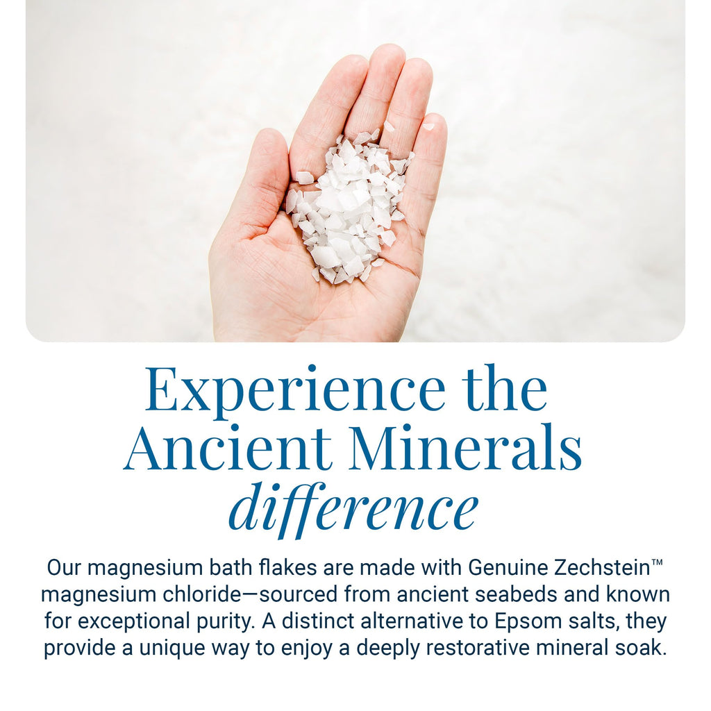 Ancient Minerals Magnesium Bath Flakes, Epsom Salt Alternative, 1.65lb | Pure Zechstein magnesium chloride flakes for soaking & whole-body replenishment. 1.65 lb resealable bag.