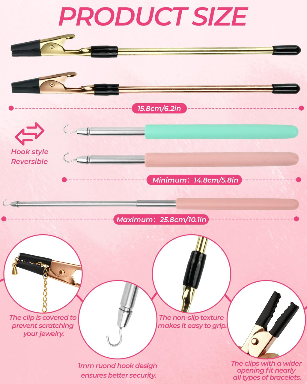4 PCS Bracelet Helper Tool, Quick Release Fastener Helpers Tool Hooks for Necklace, Jewelry, Watch, Portable Bracelet Assistance Tool to Put on Yourself, Clip, Clasp Helper with Non-Slip Rubber Tips.