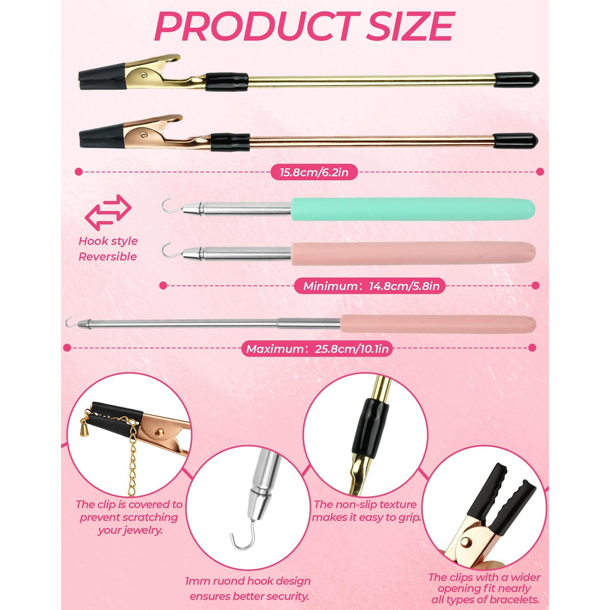 4 PCS Bracelet Helper Tool, Quick Release Fastener Helpers Tool Hooks for Necklace, Jewelry, Watch, Portable Bracelet Assistance Tool to Put on Yourself, Clip, Clasp Helper with Non-Slip Rubber Tips.