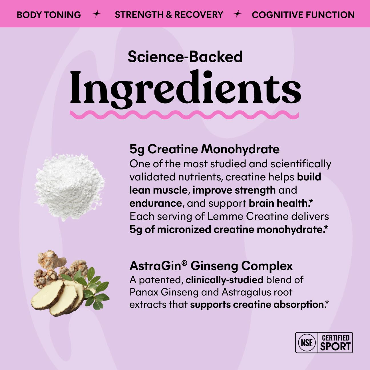 Lemme Creatine Monohydrate Gummies, Sour Strawberry (60 Gummies) | 5g Creatine for Lean Muscle, Strength, Recovery & Cognitive Health with Ginseng for Absorption. NSF Certified for Women & Men