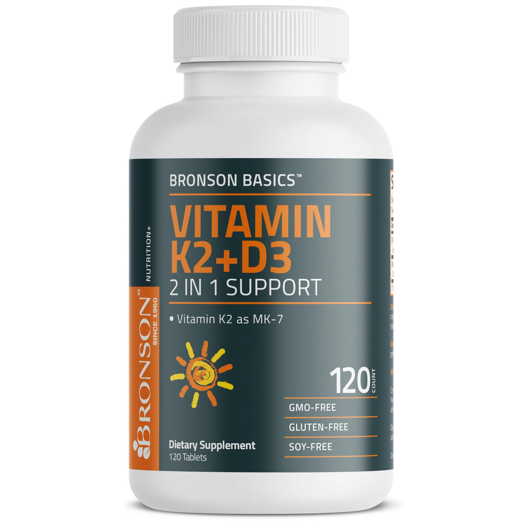 Bronson Vitamin K2 D3 (MK7) Supplement 2-in-1 D3 & K2 Complex, 120 Tablets | Bone, Immune & Heart Health Support, Gluten-Free, Soy-Free, Non-GMO, Vitamin D3 5000 IU (125 mcg) & 90 mcg K2 MK-7
