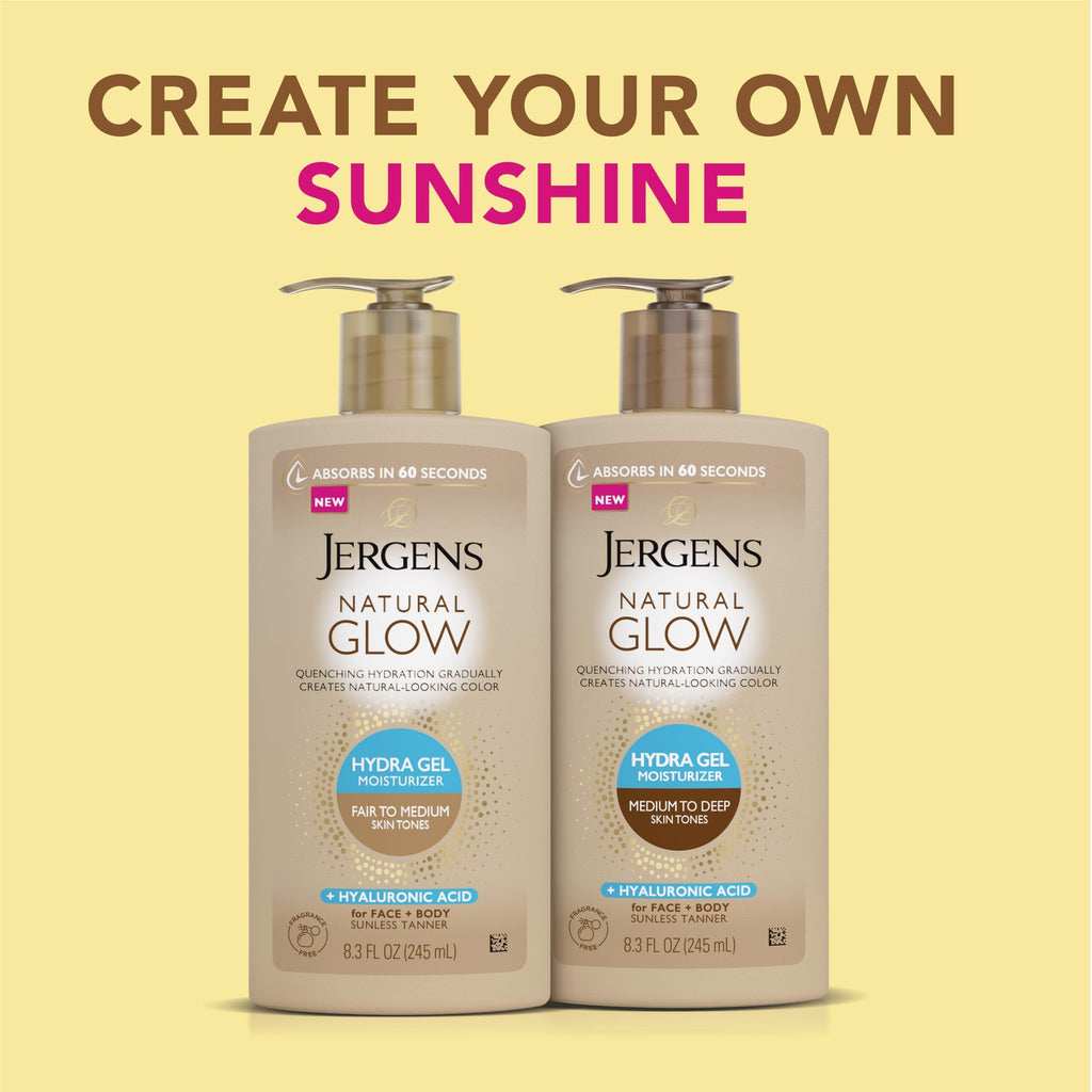 Jergens Natural Glow Hydra Gel Moisturizer, Hyaluronic Acid Tanning Lotion, Hydrating Tanning Gel, Fragrance-Free Self Tanner, 8.3 Fl Oz