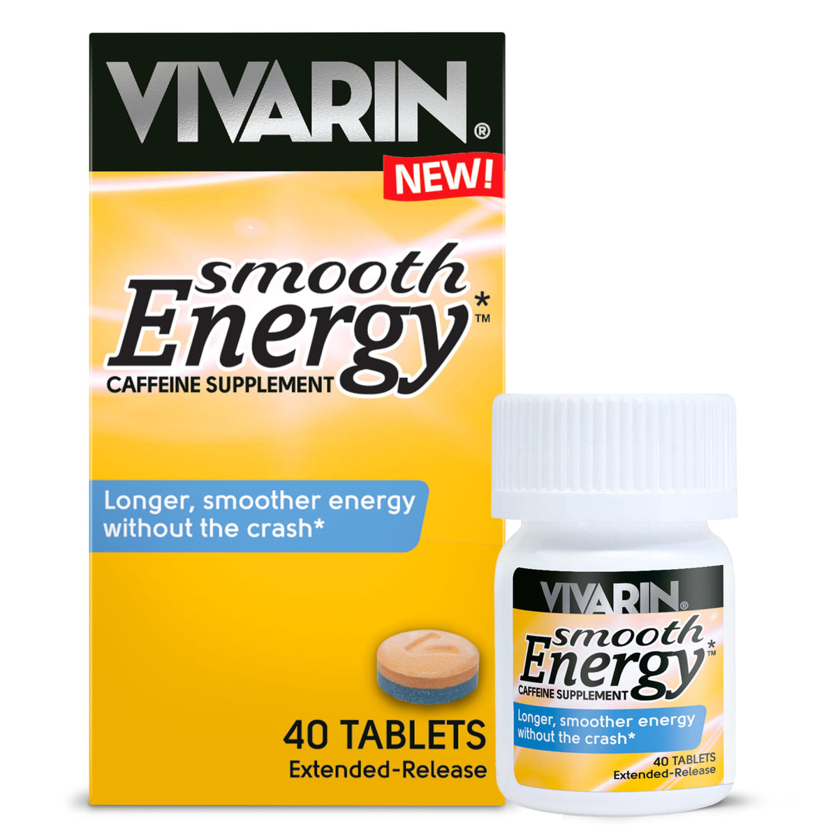 Vivarin Smooth Energy Extended Release Caffeine Tablets, 200mg, Focus, Alertness & Mental Clarity, Non-Habit Forming Energy Supplement, Sugar & Calorie Free, 40 Count