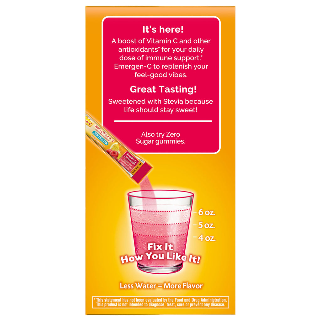 Emergen-C Vitamin C 1000mg Immune Support, Raspberry Lemonade, 36 Packets | Zero Sugar, B Vitamins for Energy, Zinc and Manganese, Electrolytes, Stevia Sweetened, Caffeine Free