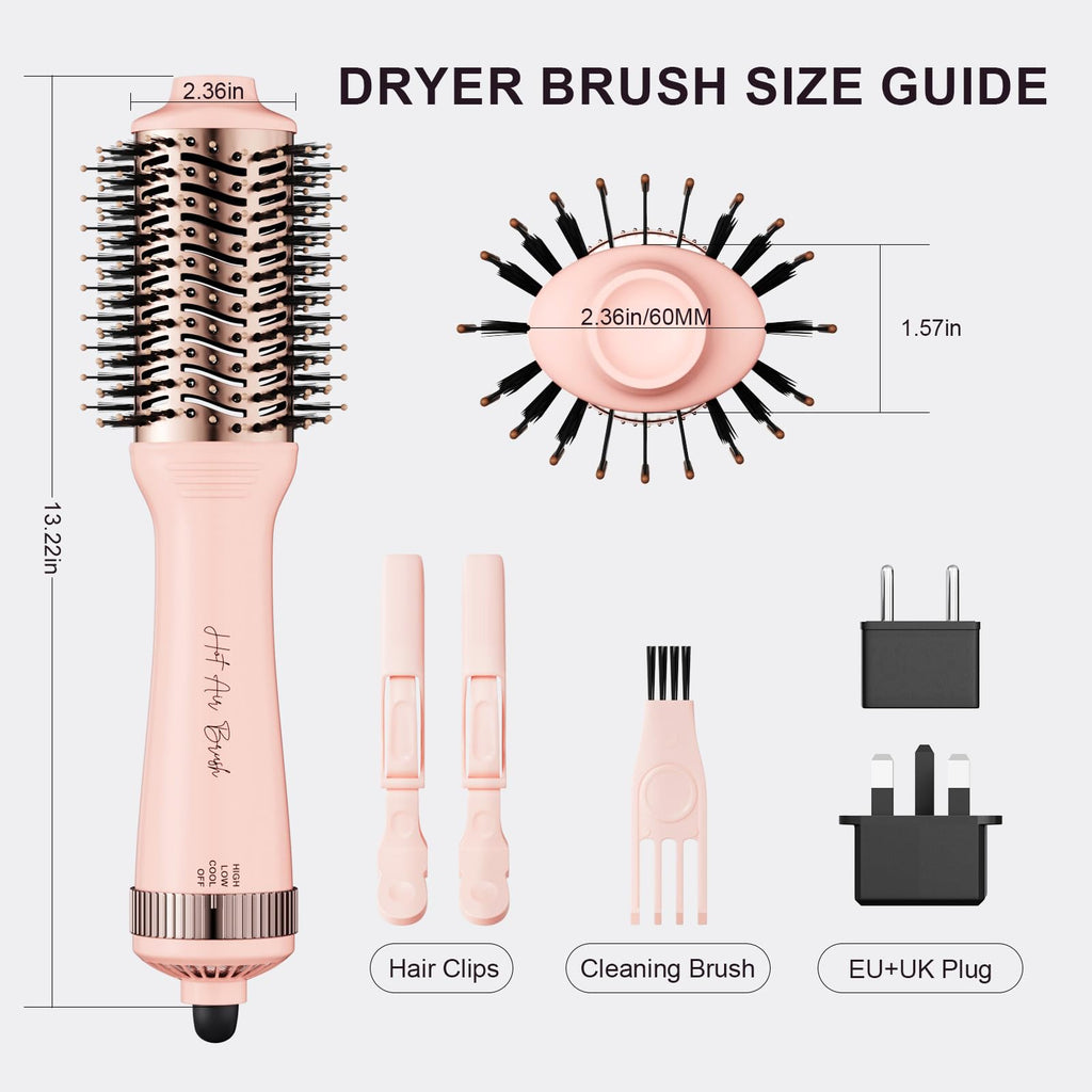 Compact 4-in-1 dual voltage hair dryer brush with size guide, hair clips, cleaning brush, and EU/UK plug for authentic travel styling.