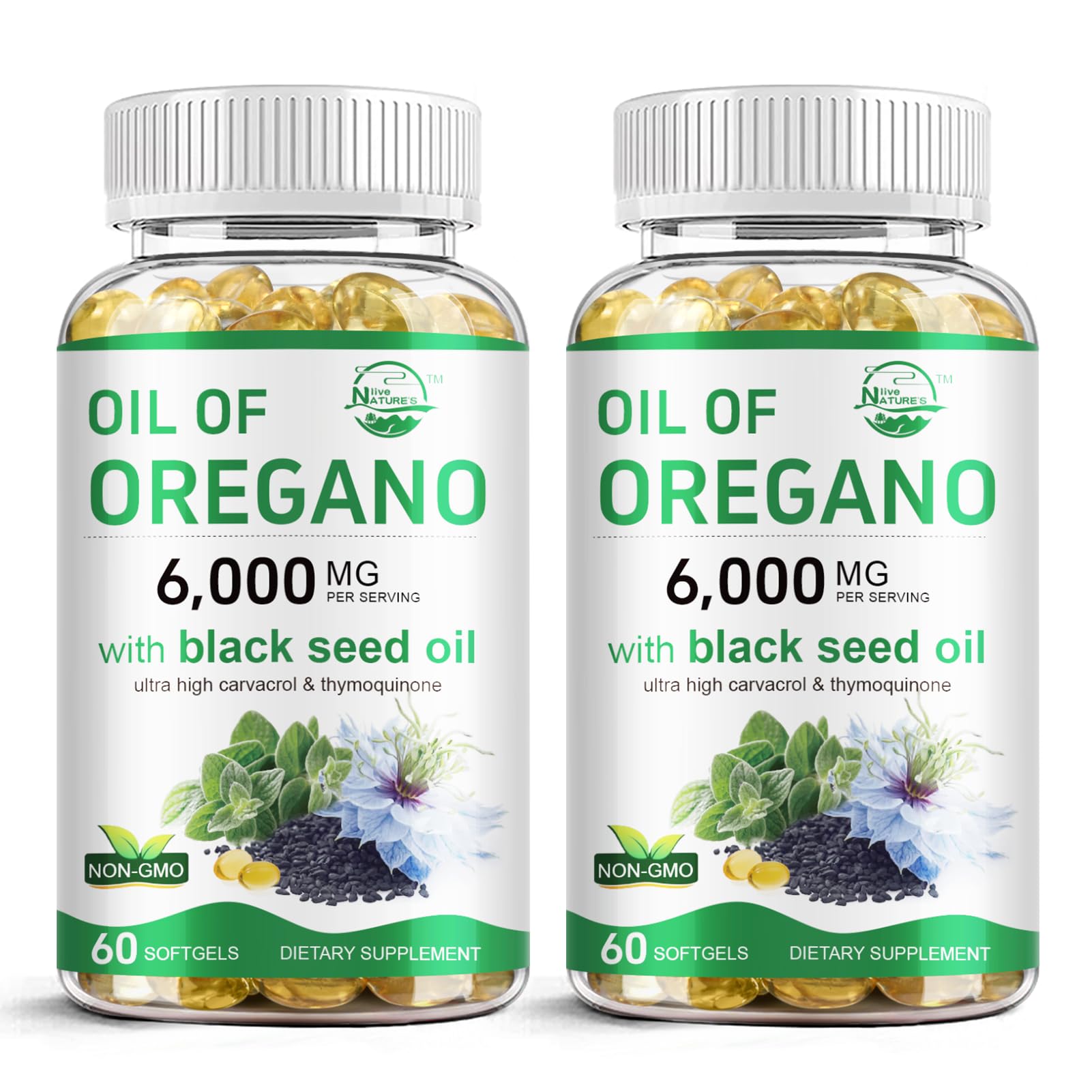 Nature's live Oil of Oregano with Black Seed Oil | 2 in 1 Oregano Supplement for Immune Health, Retains High Concentrated Carvacrol & Thymoquinone, 60 Softgels, 2 Pack