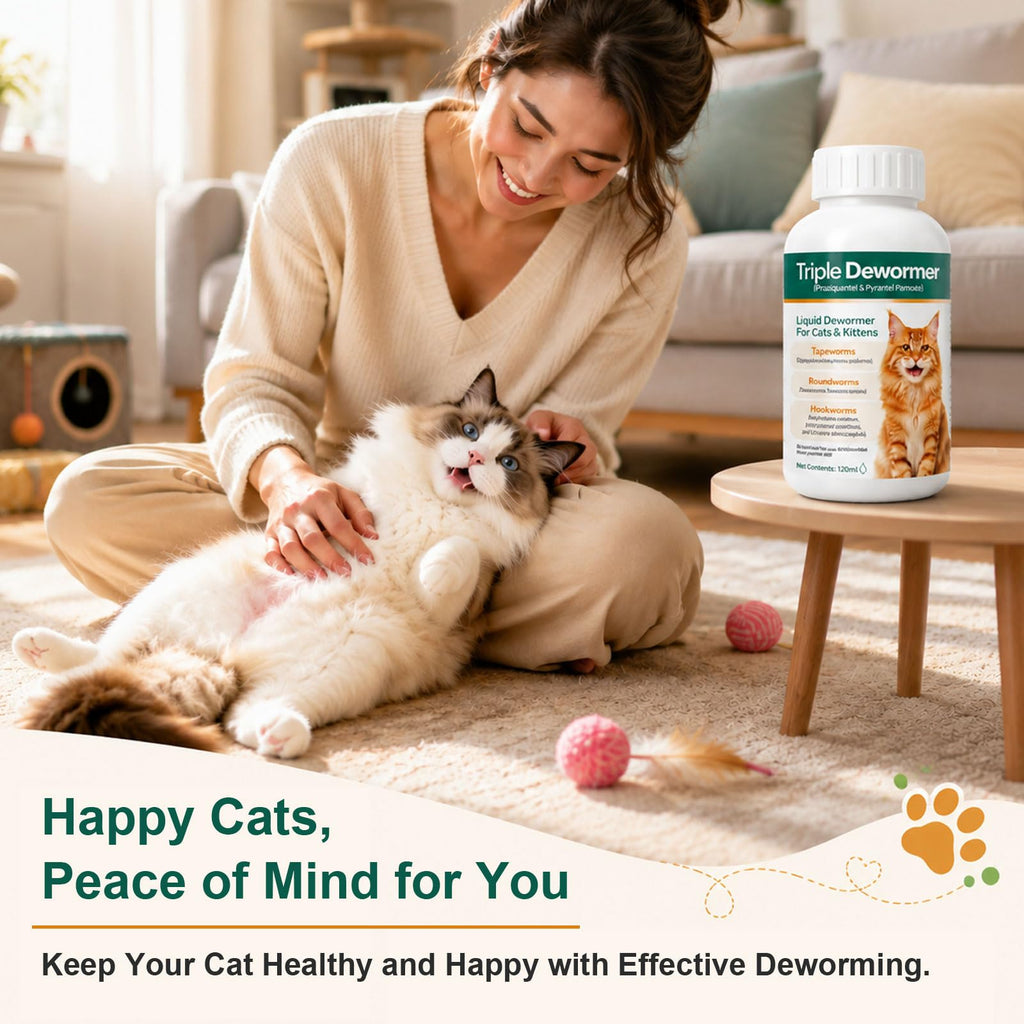 Cat Dewormer Triple Dewormer for All Worms Broad Spectrum Liquid Formula for Tapeworms, Roundworms & Hookworms, 120 mL