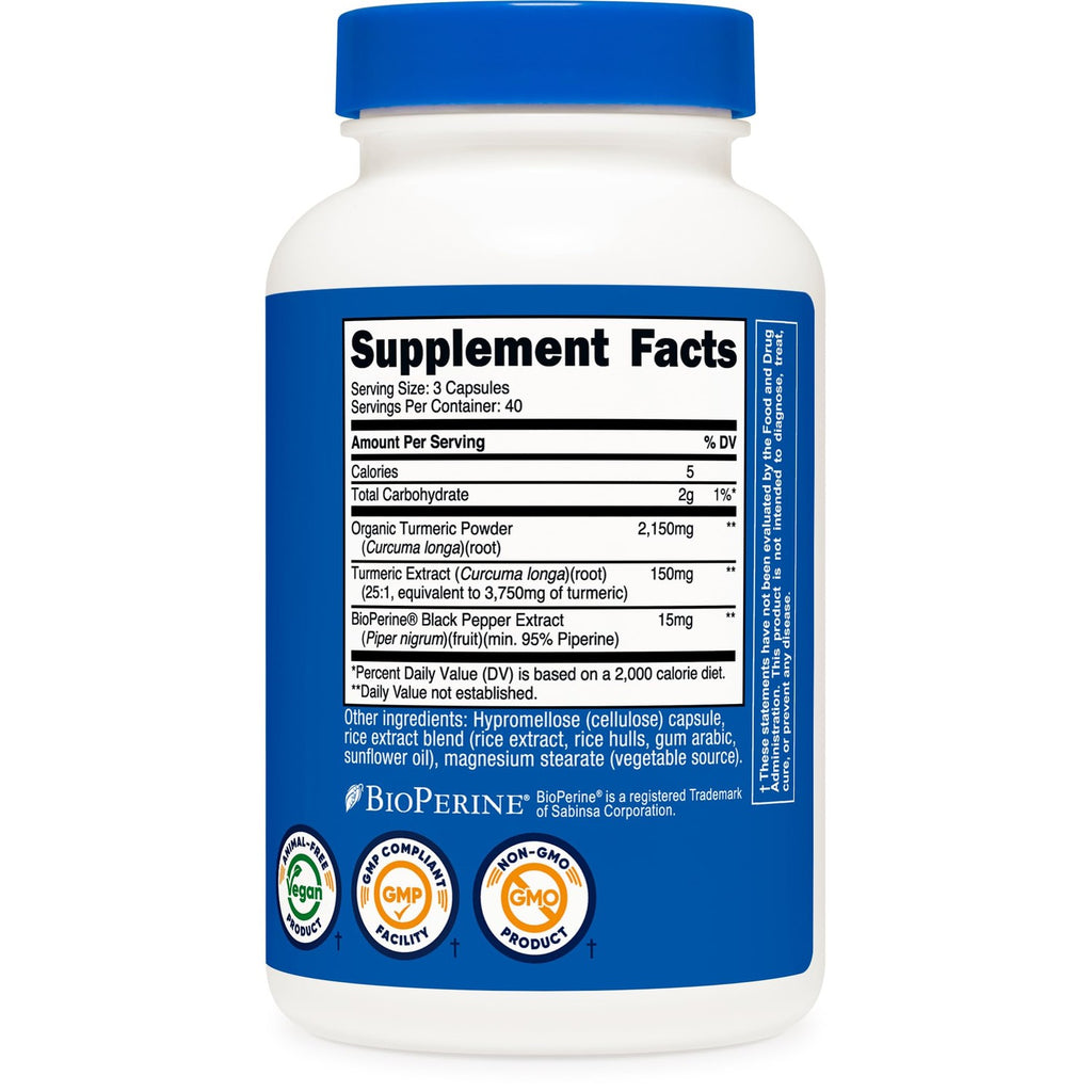 Nutricost Turmeric Curcumin with BioPerine, 2300mg, 120 Capsules, GMO-Free | 95% Curcuminoids, Veggie Capsules, 767mg Per Cap, Gluten Free