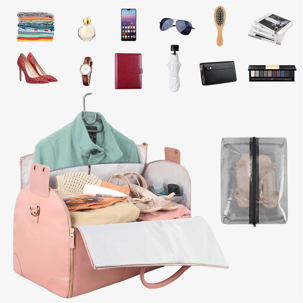 Buy now Ytonet Garment Duffle Bags for Travel, Convertible Carry On Garment Bag for Women, Large PU Leather Foldable Travel Bag with Shoe Pouch, 2 in 1 Hanging Suitcase Dress Suit Travel Bags, Pink at indiglob india