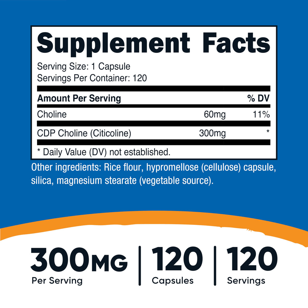 Nutricost CDP Choline (Citicoline) 300mg, 120 Vegetarian Capsules, GMO-Free | Gluten Free