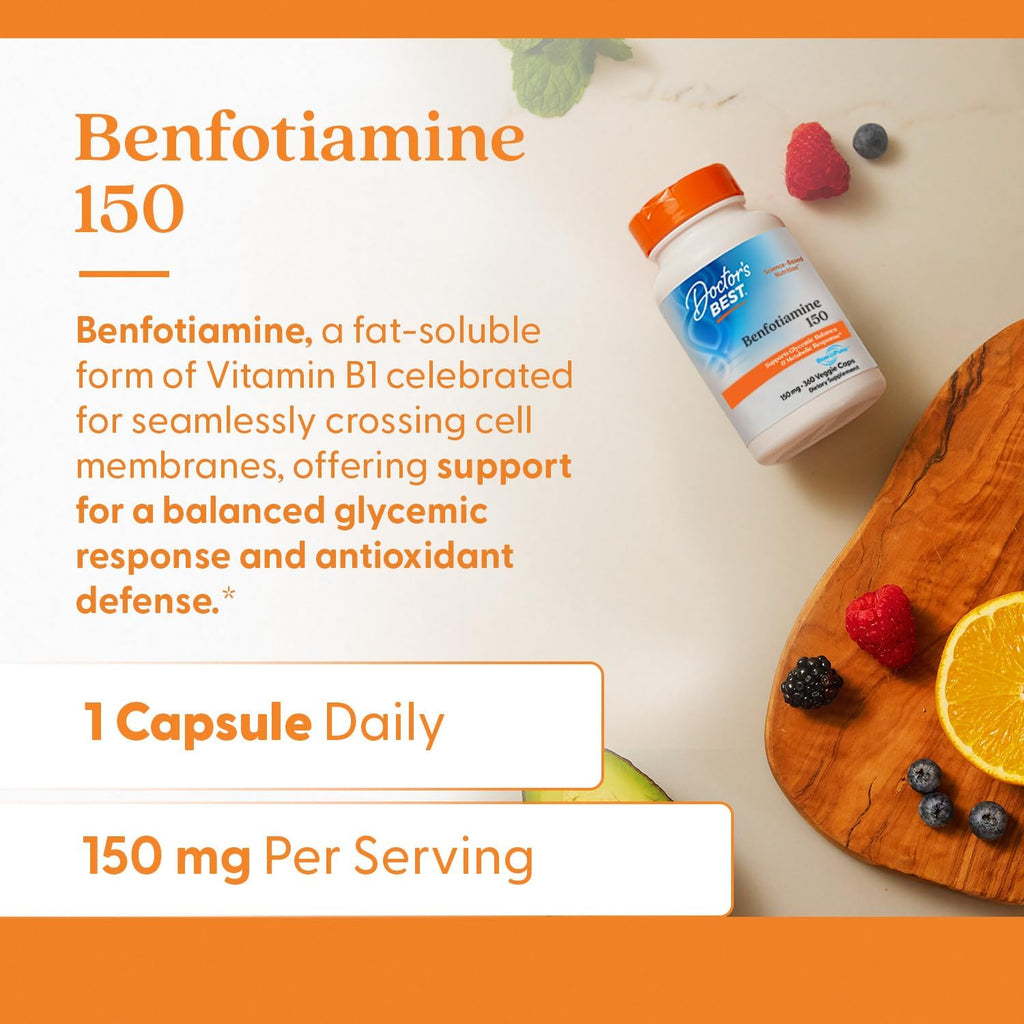 Buy now Doctor's Best Benfotiamine 150 with BenfoPure, Helps Maintain Glucose Metabolism, Non-GMO, Vegan, Gluten Free, Soy Free, 150 mg, 360 Veggie Caps at indiglob india