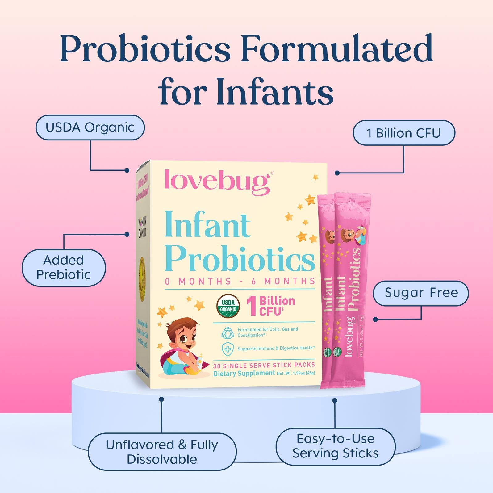 LOVEBUG Infant Probiotics 0-6 Months - USDA Organic Probiotics for Babies, Supports Baby Gas, Colic, Reflux, Diarrhea and Newborn Constipation Relief, Allergen & Sugar Free, Tasteless Powder, 30 Pack