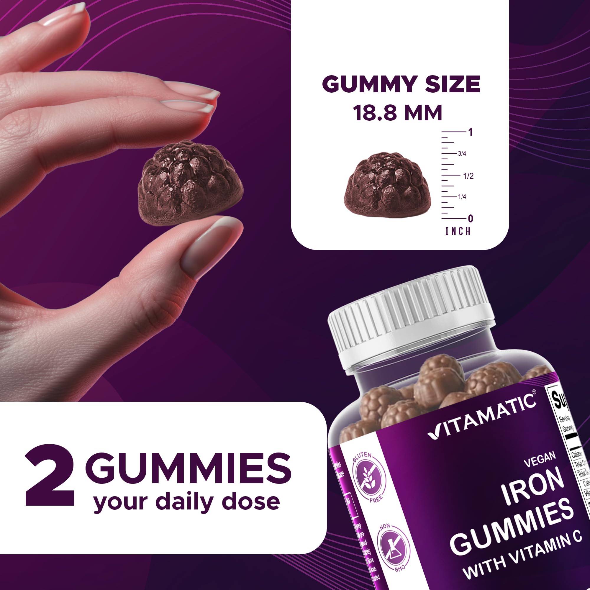 Vitamatic Iron 65 mg with Vitamin C - 60 Vegan Gummies - 3 Pack | 65 mg Iron Per Serving, Natural Grape Flavor, Plant Based, Gluten Free, Non-GMO, Made in USA