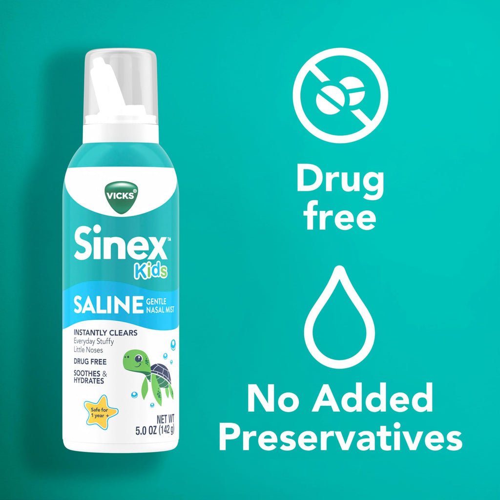 Buy now Vicks Sinex, Children's Saline Nasal Spray, Drug Free Ultra Fine Mist with Hint of Aloe, Ages 1+, Fast Everyday Stuffy Nose Relief for Kids, Clear Mucus from a Cold or Allergy, 5 OZ x 2 at indiglob india