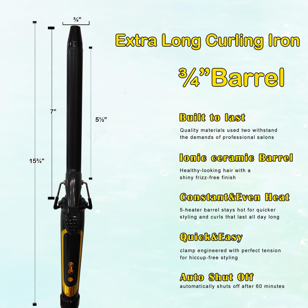 abp 3/4 Inch Extra Long Barrel Curling Iron with Clamp Instant Heat to 450F | Ceramic Coating with LCD Display, 0.75 Inch Hair Style Tools for Short/Medium Hair, Designed for Women & Girls