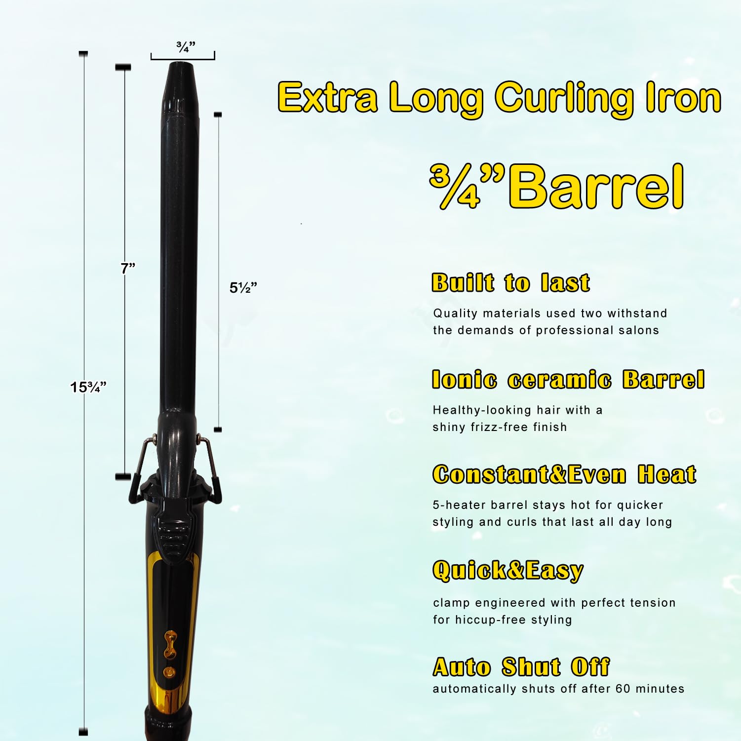 abp 3/4 Inch Extra Long Barrel Curling Iron with Clamp Instant Heat to 450F | Ceramic Coating with LCD Display, 0.75 Inch Hair Style Tools for Short/Medium Hair, Designed for Women & Girls