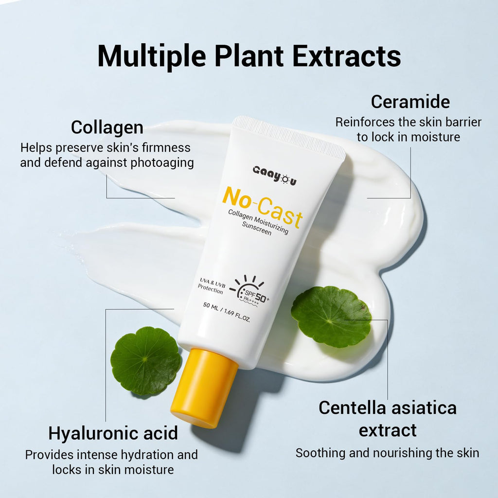 No Cast Moisturizing Sunscreen SPF50 PA++++ Collagen Facial Sunscreen Korean Sunscreen with Hyaluronic Acid, Oil Free, No White Cast Natural Sunscreen for All Sensitive Skin Type