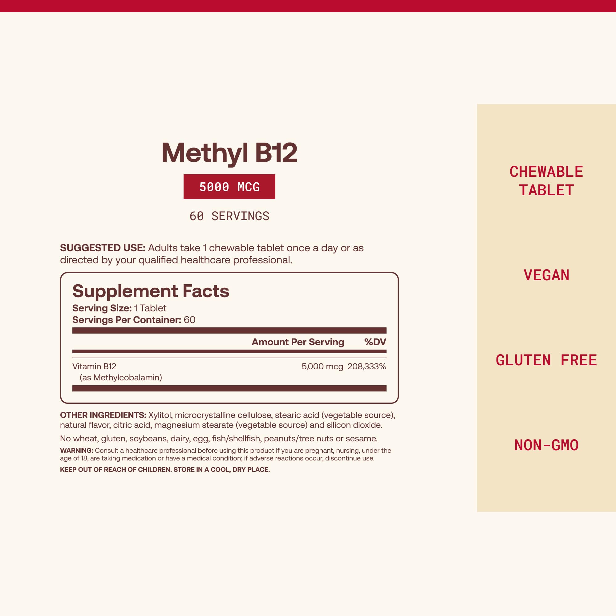 Jarrow Methyl Vitamin B-12 5000 mcg, Cellular Energy, 60 Chewable Tablets | Fruit Flavored, Bioactive B12 Vitamin, Supports Cellular Energy Production, Brain Health & Metabolism, 60 Servings
