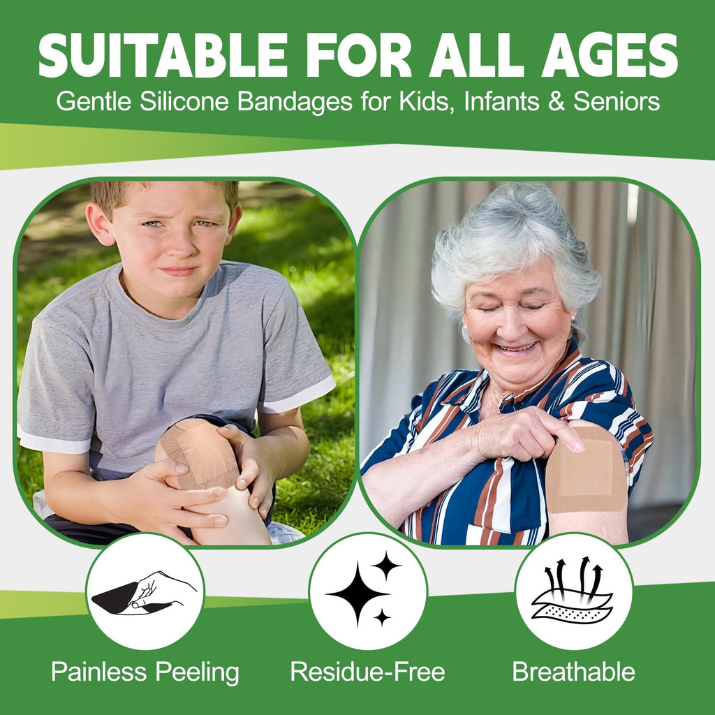 16 Pack Silicone Bandages for Sensitive Skin, 4x4 Latex Free Hypoallergenic Breathable Adhesive Bandage with Gentle Border, Large Wound Care Patches with Easy Painless Removal