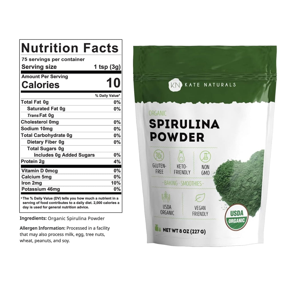 Kate Naturals Organic Spirulina Powder, Nutrient Dense Superfood (8oz) | USDA Certified, Non-GMO, Gluten- Free