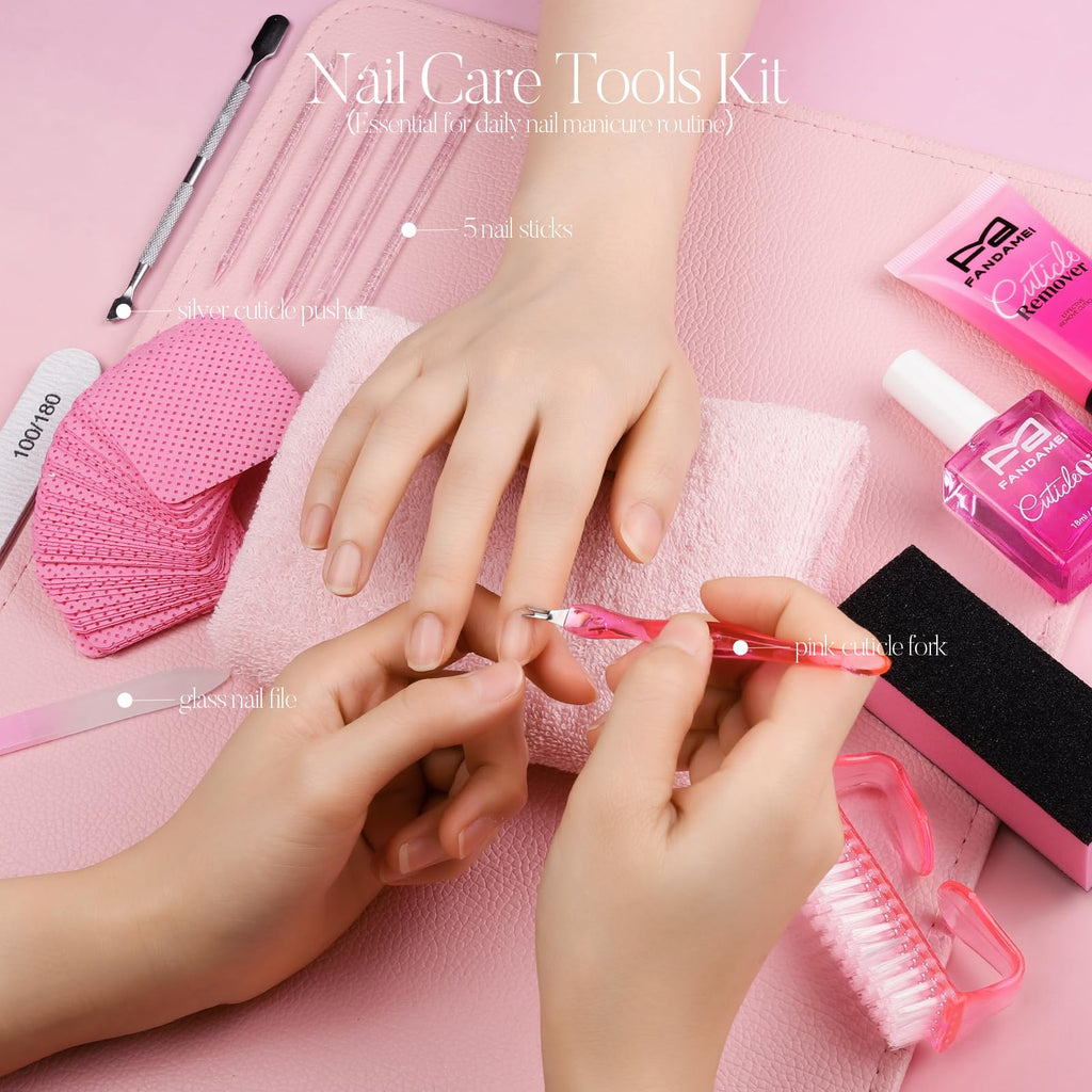 FANDAMEI Cuticle Remover Kit, Cuticle Remover & Oil, Professional Manicure Kit for Women with 50 PCS Lint Free Wipes, Steel Nail Pusher & Fork, Nail Files and Buffers, Manicure Tools Set for Nail Care