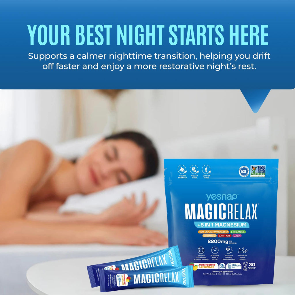 MAGICRELAX 8-in-1 Magnesium Glycinate Calm Powder Drink Mix Cortisol Reducer Supplement for Stress Mood & Sleep aid with KSM-66 Ashwagandha Saffron GABA L-Theanine Sugar Free Raspberry Lemon