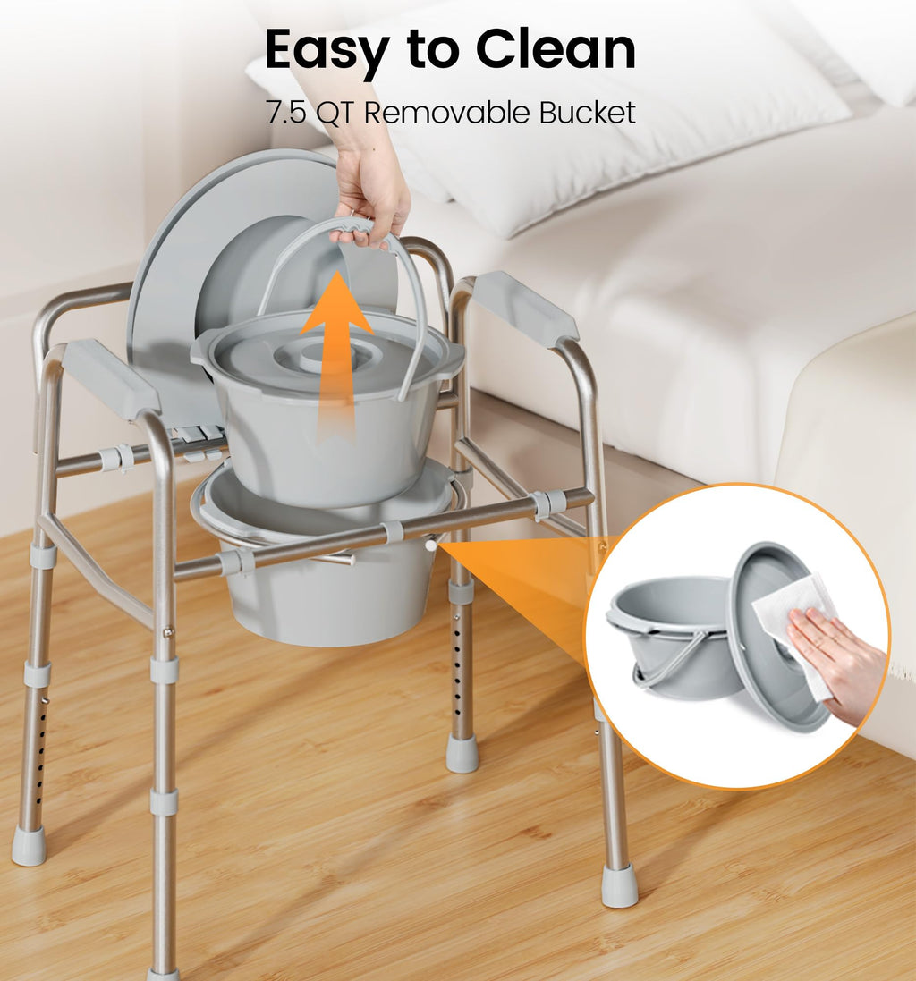soundfuse 3 in 1 Bedside Commode Toilet for Seniors, Sturdy Dual-Crossbar