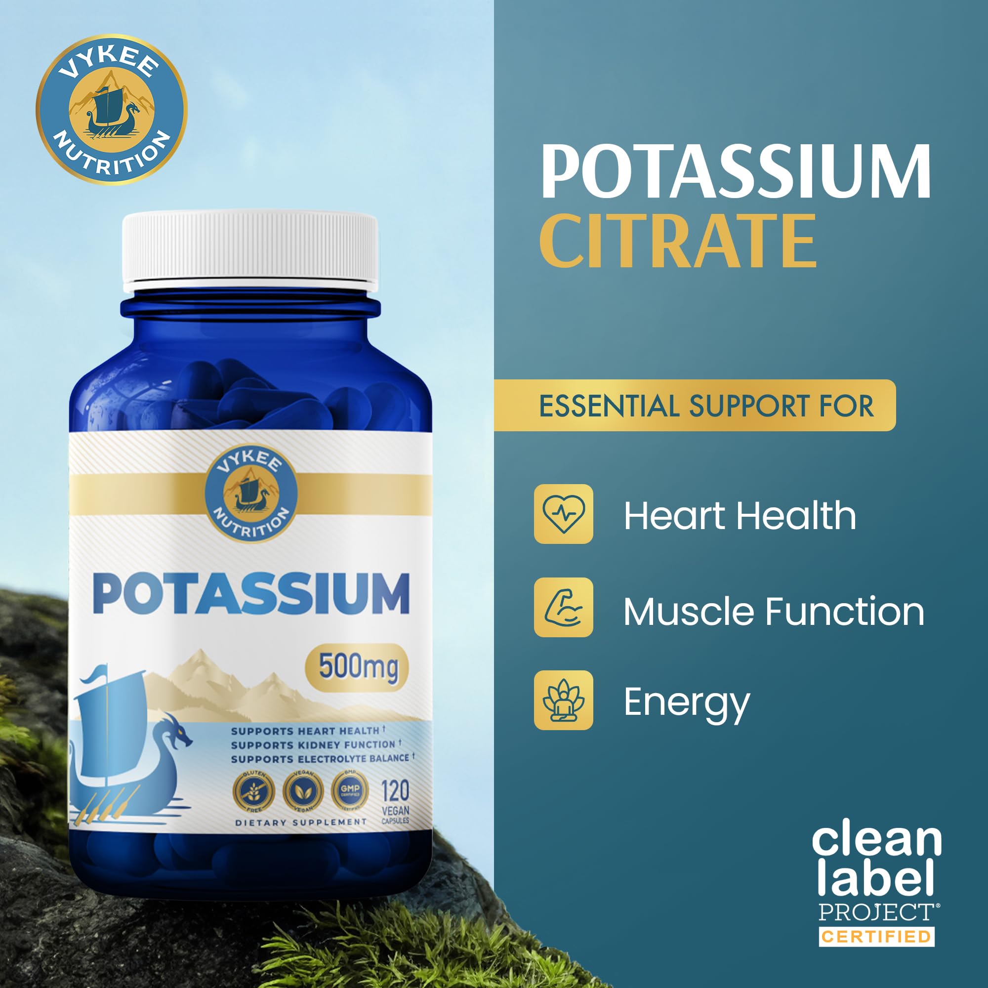 Vykee Nutrition Potassium Citrate Capsules Helps Electrolyte Balance 500 mg | Supplements for Electrolyte Balance, Muscle & Heart Health - Vegan, Non-GMO, Gluten Free - 500 mg, 120 Count