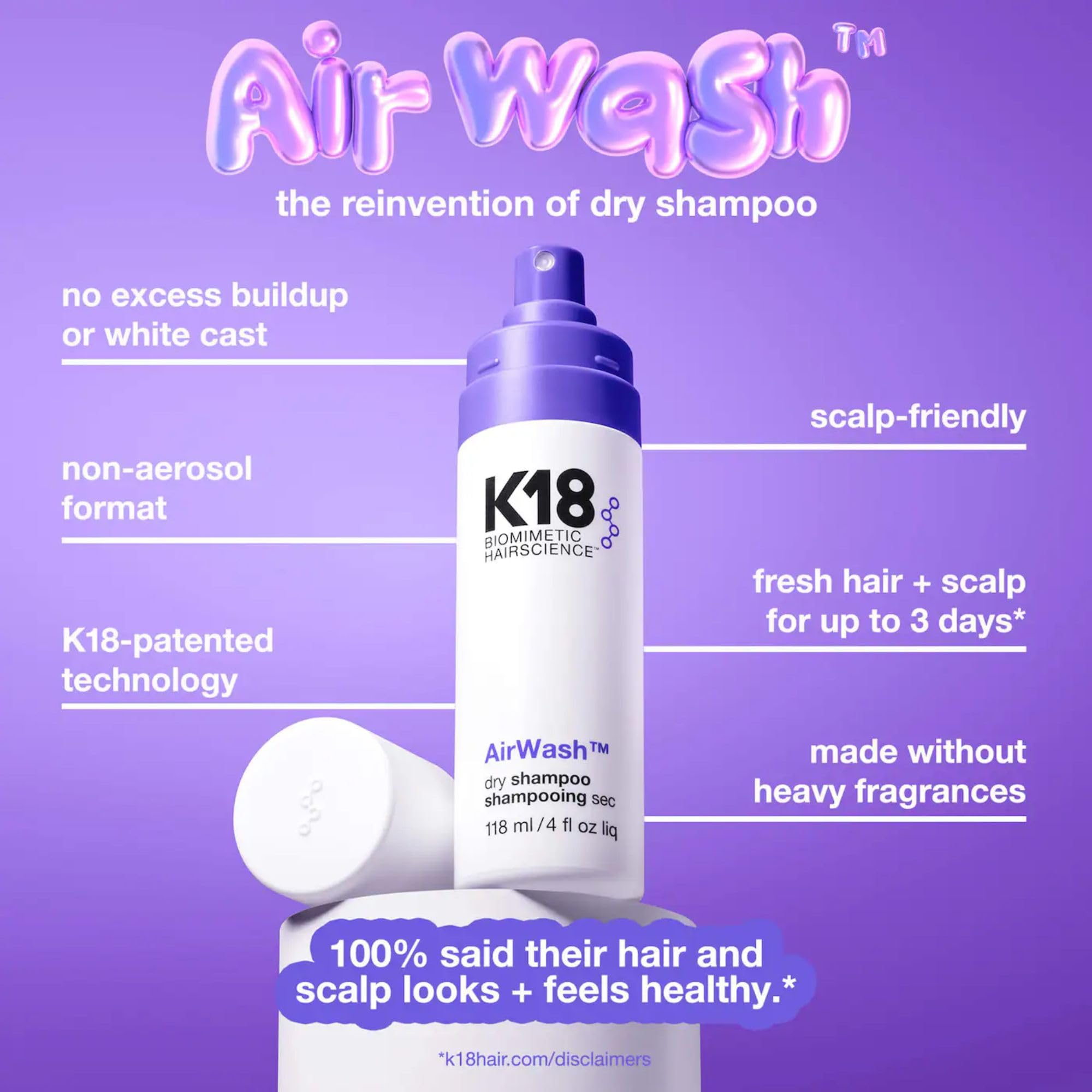 K18 AirWash™ Dry Shampoo, Non-Aerosol, Balances Scalp & Controls Excess Oil Production