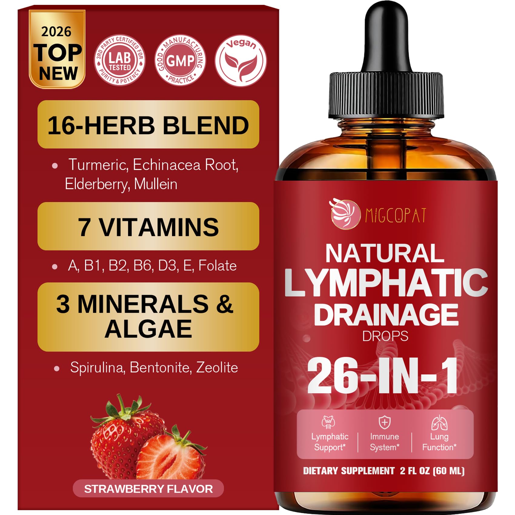 26-in-1 Liposomal Lymphatic Drainage Drops with Turmeric,Echinacea | Vitamins, Dandelion, Zeolite for Swelling, Bloating, Immune, Lung Support, Vegan, Alcohol-Free, Strawberry Flavor, 2 fl oz