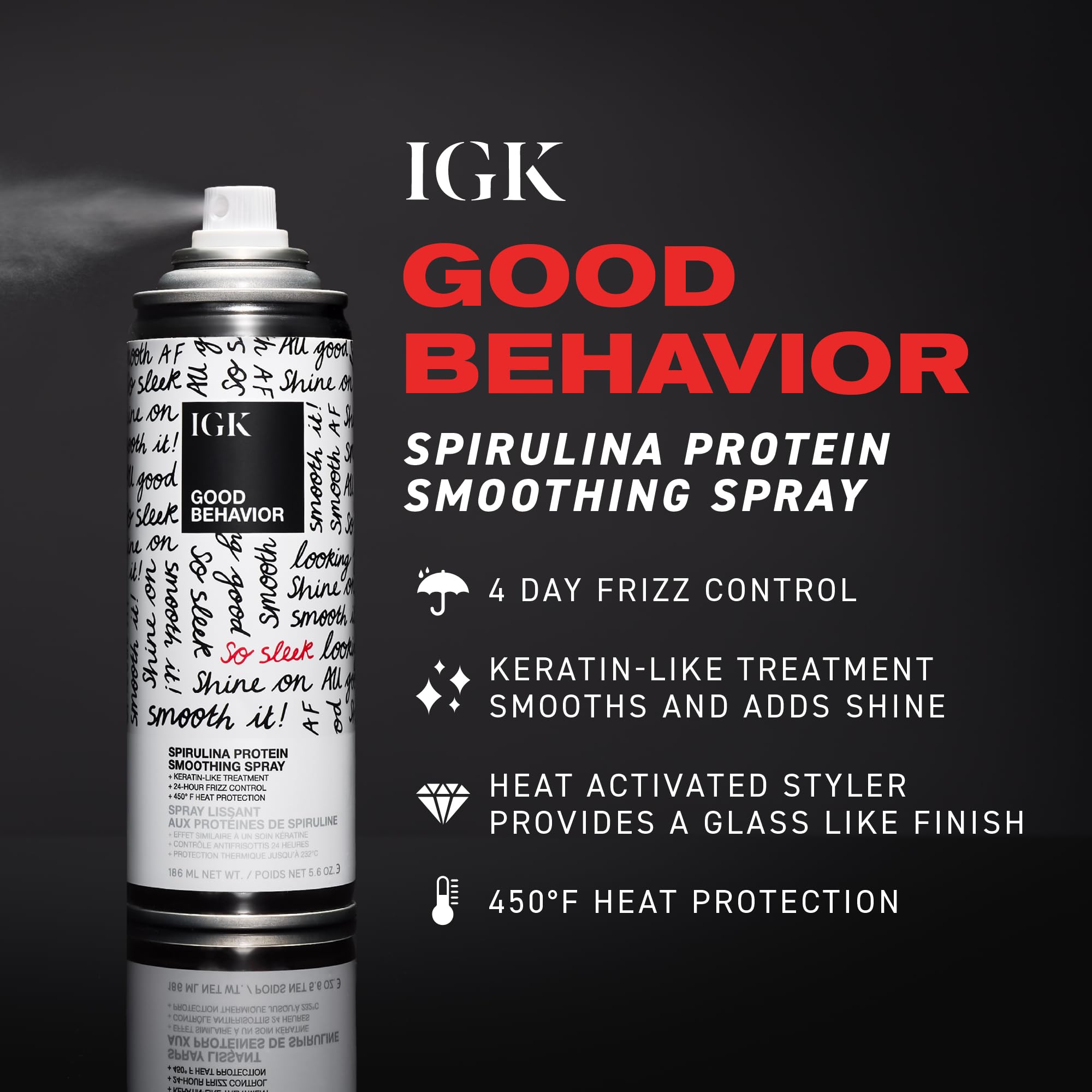 IGK Good Behavior Spirulina Protein Smoothing Spray, Heat Protectant, 5.6Oz | Keratin-Like Treatment, Frizz Control, Sleek Shiny Hair Blowout, Lightweight, 450°F Protection, Vegan + Color-Safe