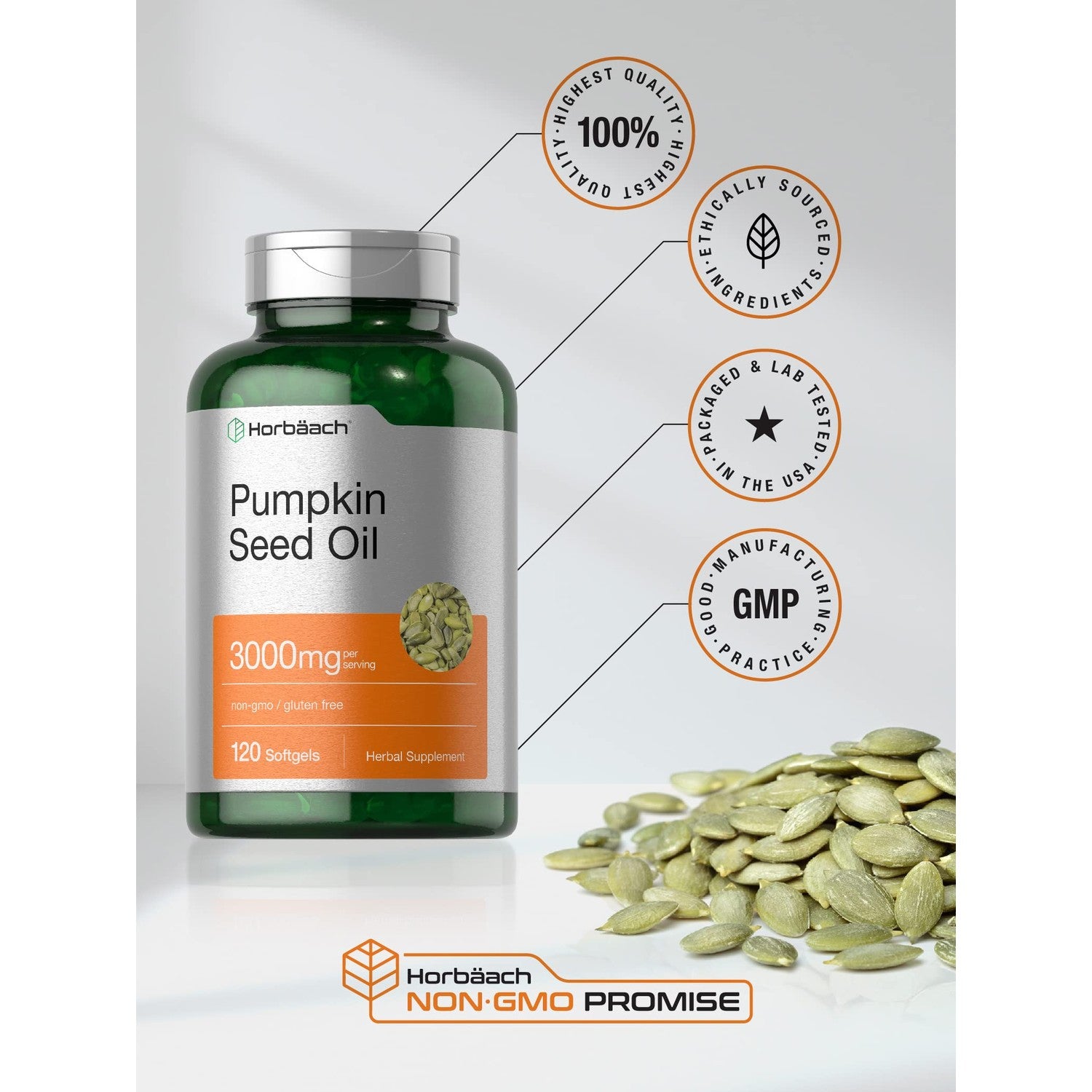 Horbäach Pumpkin Seed Oil 3000mg | 120 Softgel Capsules | Essential Fatty Acids with Omega 6 and 9 | Cold Pressed Dietary Supplement | Non-GMO and Gluten Free Formula
