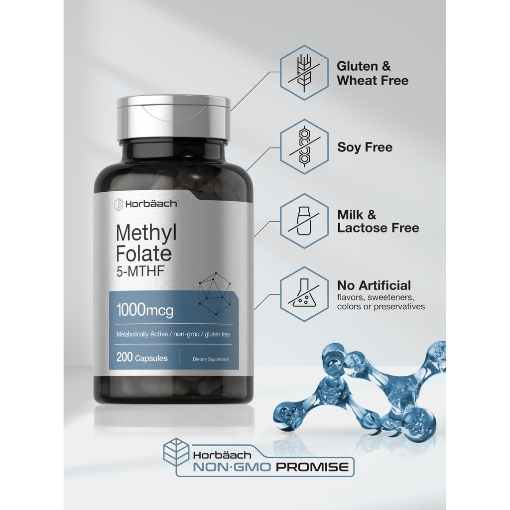 Horbäach Methyl Folate Supplement | 1000 mcg | 200 Capsules | 5-MTHF