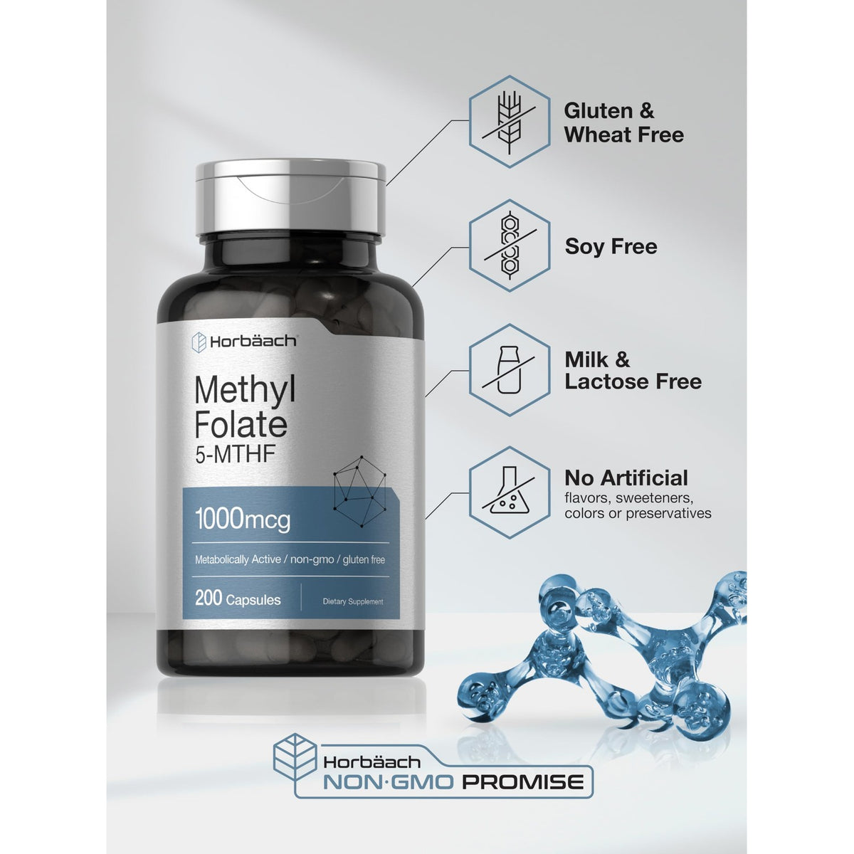 Horbäach Methyl Folate Supplement | 1000 mcg | 200 Capsules | 5-MTHF