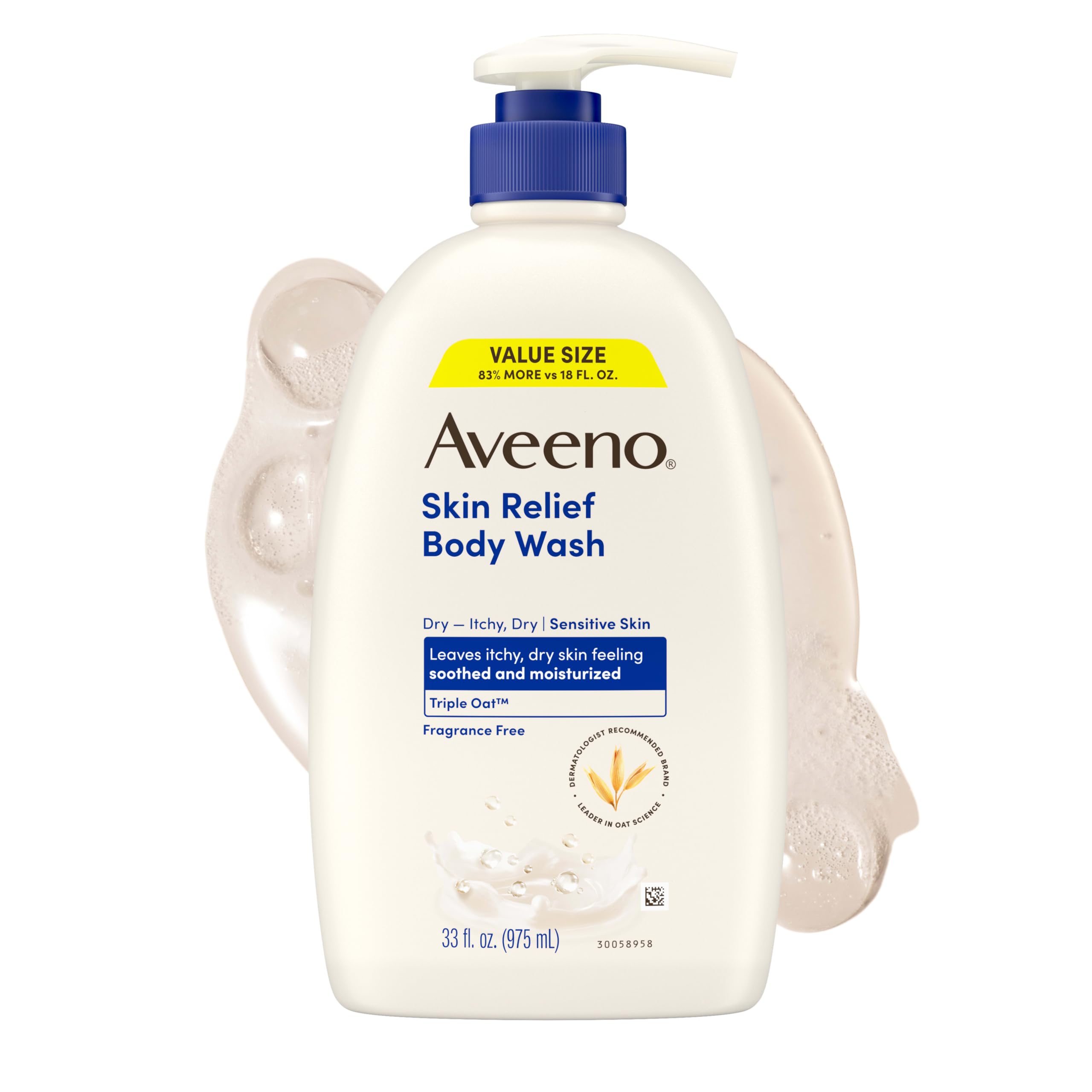 Aveeno Skin Relief Body Wash with Triple Oat Complex, Fragrance-Free, Gentle Daily Body Wash for Sensitive Skin Leaves Itchy, Dry Skin Feeling Soothed & Moisturized, Value Size 33 Fl Oz