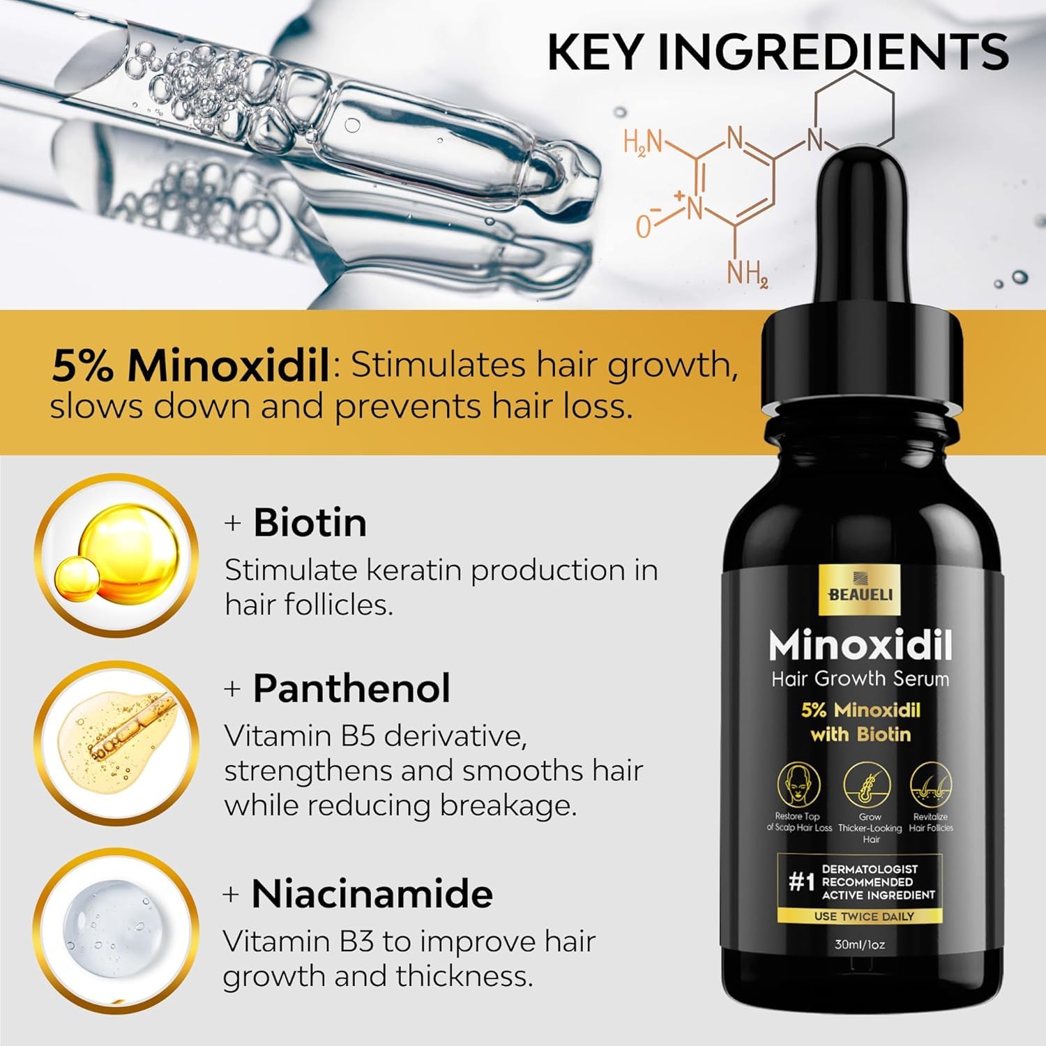 Beaueli Minoxidil Beard Growth Kit For Men and Women, Hair Loss and Hair Regrowth Treatments, Minoxidil 5%, Black