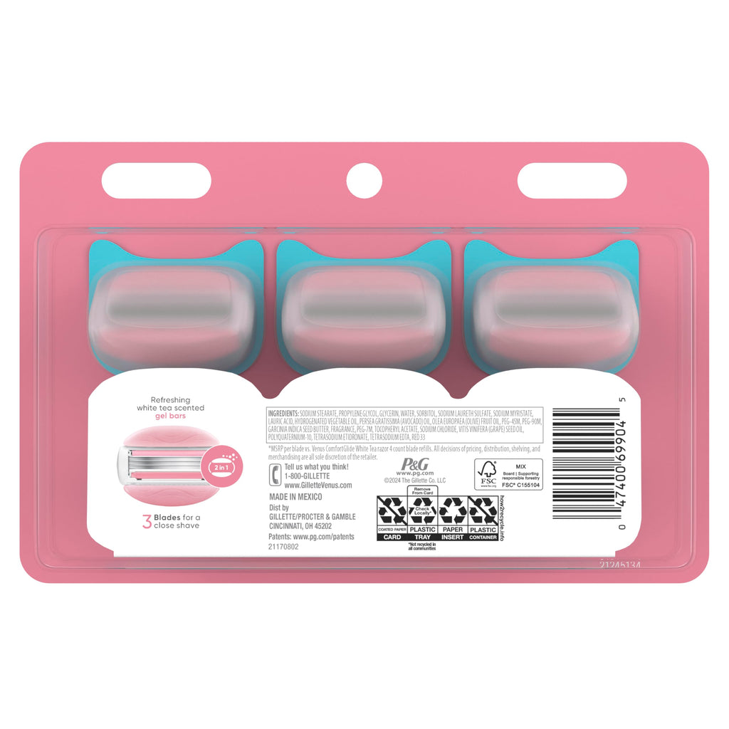 Venus ComfortGlide White Tea Women's Razor Blades, with Built-in Shave Gel Bars, 8 Razor Blade Refills