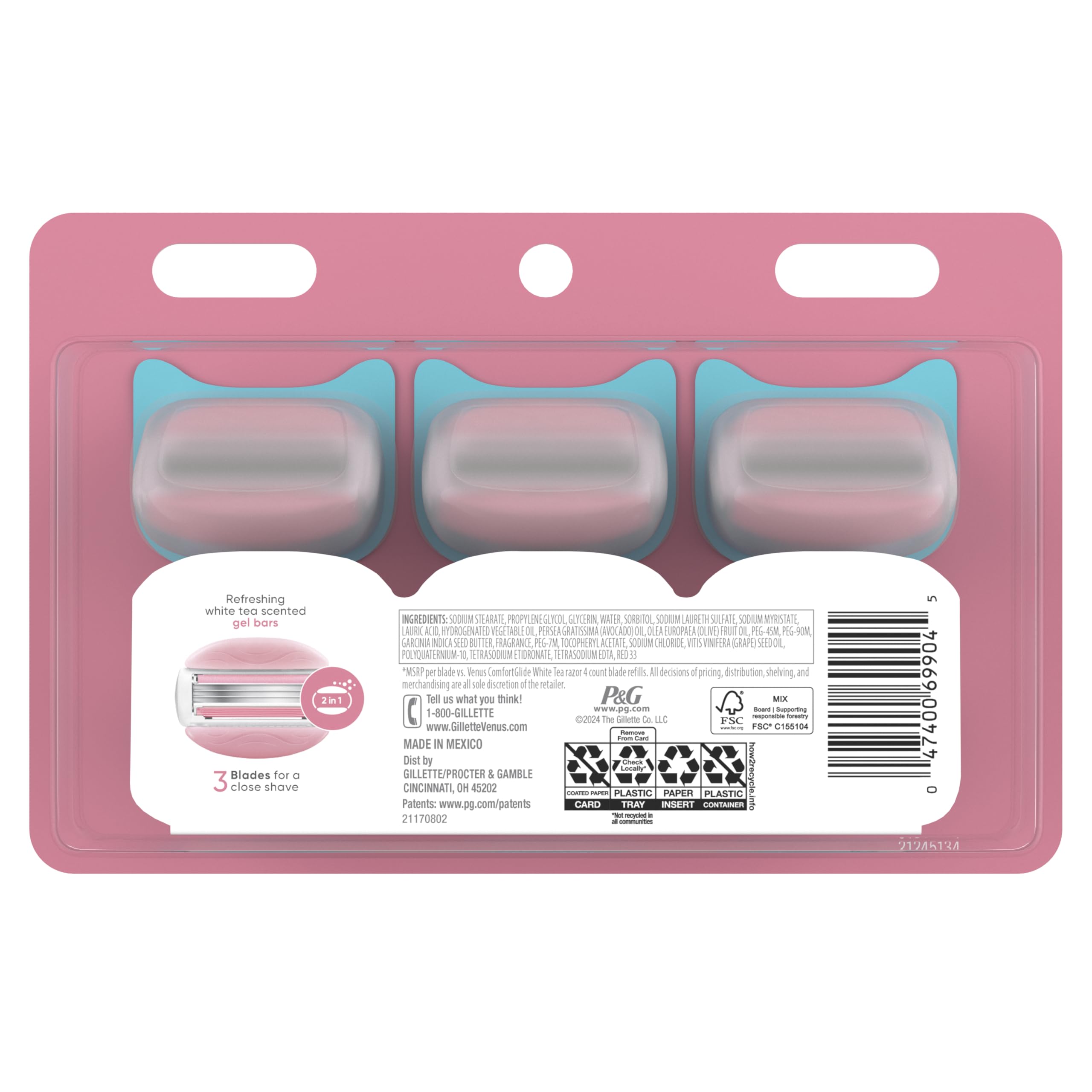 Venus ComfortGlide White Tea Women's Razor Blades, with Built-in Shave Gel Bars, 8 Razor Blade Refills