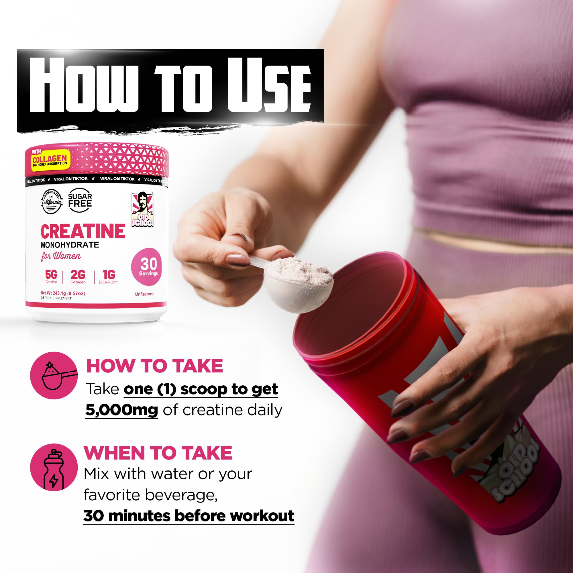 Old School Labs Creatine for Women with Collagen and BCAA, Unflavored | Post-Workout Supplement with 5g Creatine Monohydrate Powder, 2g Collagen & BCAA for Strength & Recovery