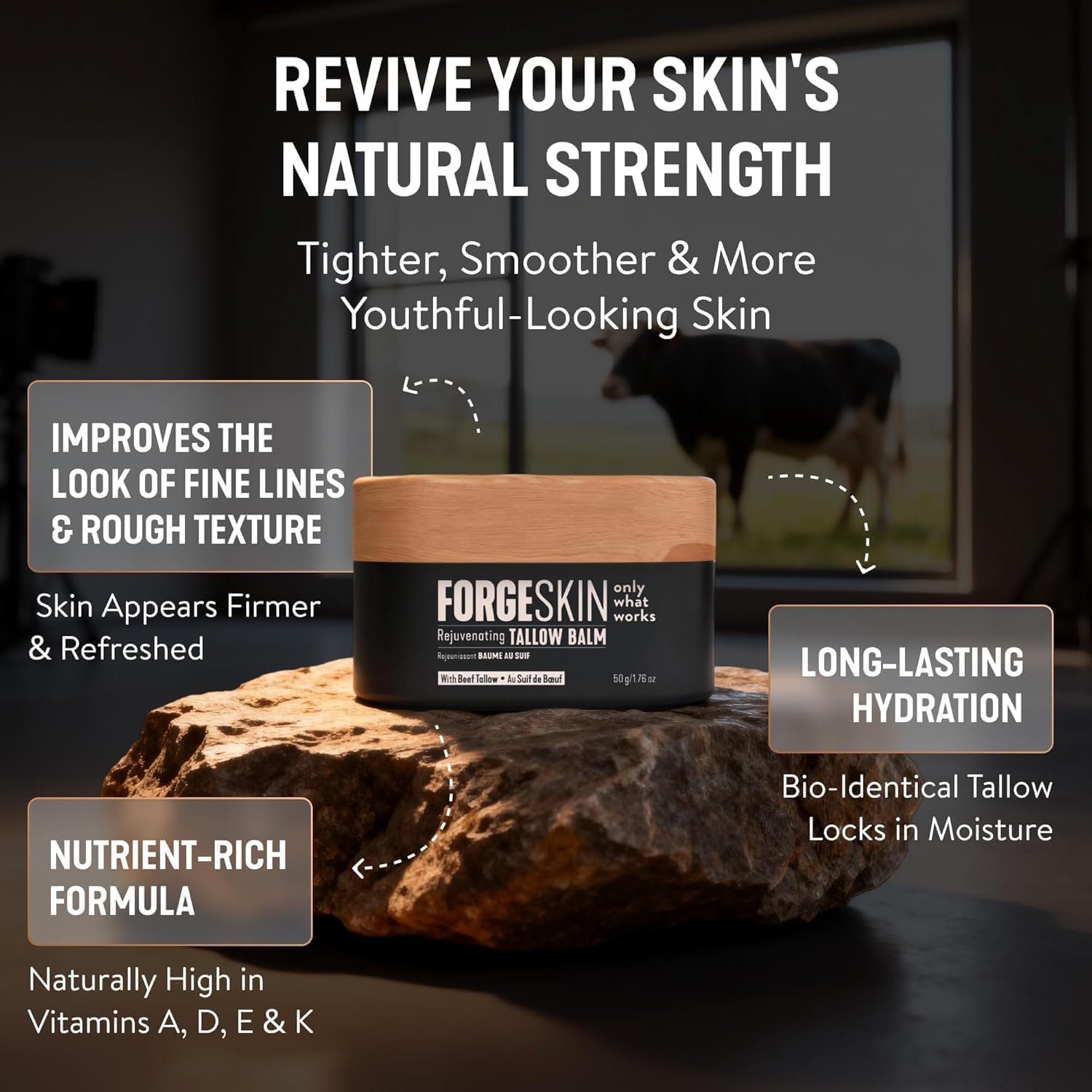 Forge Skin Beef Tallow Balm Skin Moisturizer for Men, Anti Aging Wrinkle Defense - Face & Body Skincare Hydration Cream, 100% Grass-Fed Lotion, Paraben-Free, Helps Minimize Look of Fine Lines, 1.7 oz