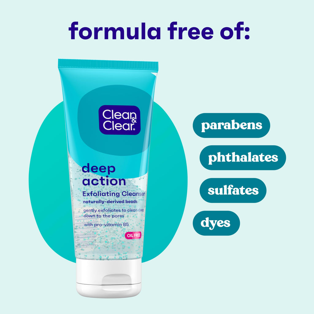 Clean & Clear Oil-Free Deep Action Exfoliating Facial Cleanser, 7 fl oz | Pro-Vitamin B5, Gentle Exfoliating Daily Face Wash, Smooth Hydrated Skin, Paraben-Free
