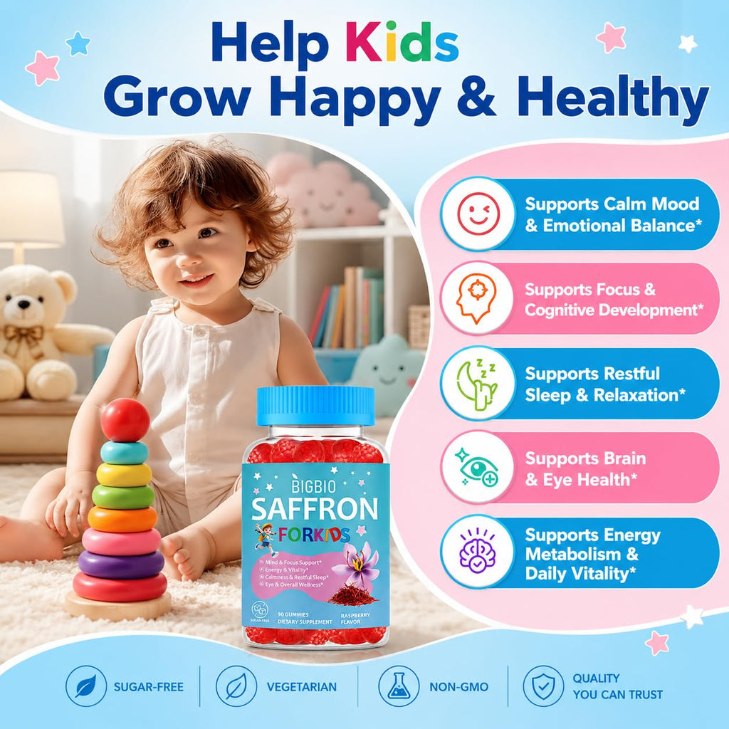 Saffron for Kids, Happy Mood Gummies, Magnesium Glycinate, Omega-3, Holy Basil, L-Theanine, Rosemary, B6, D3 for Calm, Focus, Cognition, Sleep, Sugar Free Saffron Extract Supplement, 90 Gummies