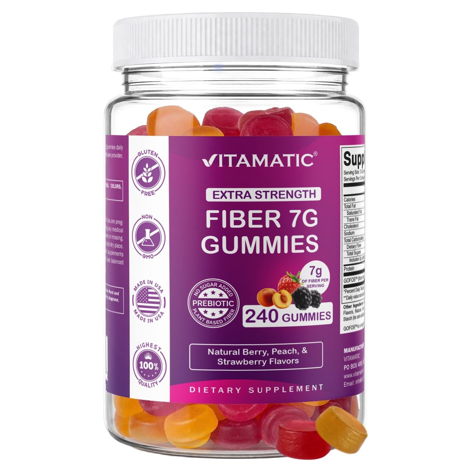 Vitamatic Prebiotic Fiber Gummies for Adults, 7G Extra Strength, Zero Sugar Added, 240 Pectin Based Gummies, Digestive Health & Regularity Support (Pack of 2)